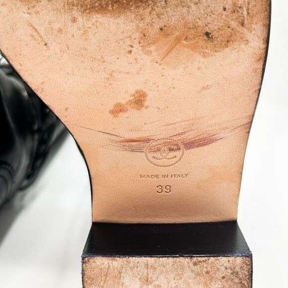 Chanel Knee High Boots Cap Toe Black Leather Lace Up Cutout - Picture 13 of 16